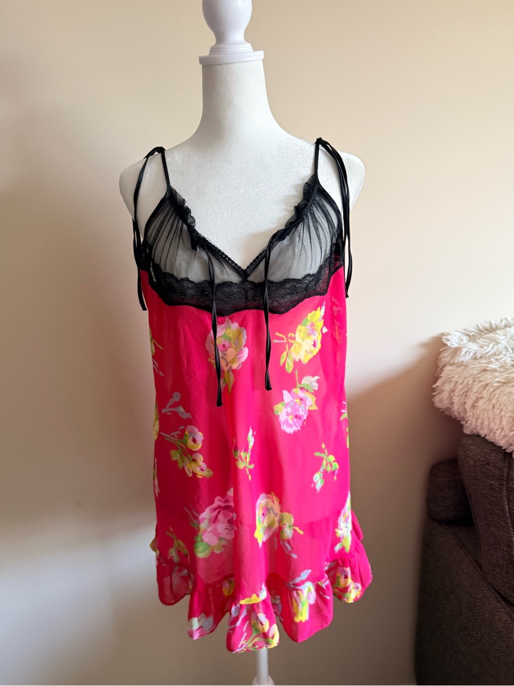 VTG Y2K Betsey Johnson babydoll slip dress mesh lace coquette whimsy goth sz s